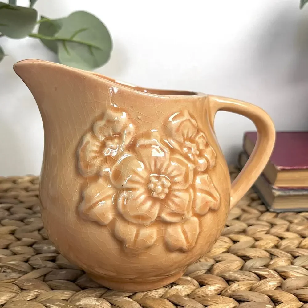 VTG Shawnee Pottery 23F Mini Pitcher Creamer Pastel Nude Peach Embossed Floral